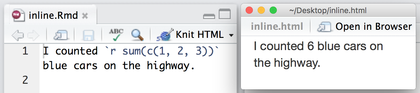 Writing Inline R code. The code on the left gets compiled to look like what is shown on the right (source: https://rmarkdown.rstudio.com/authoring_quick_tour.html)